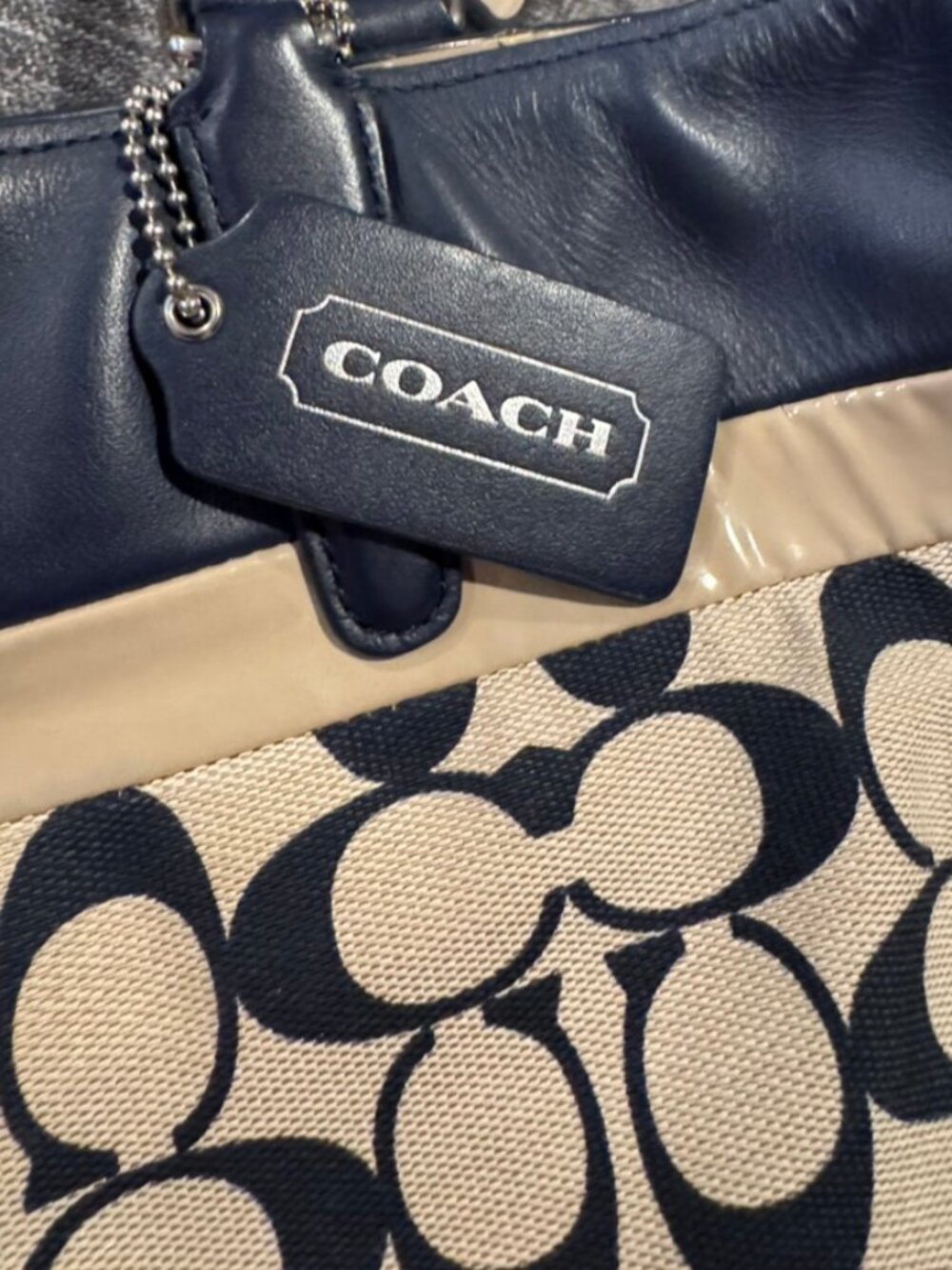 Coach 29423 Signature Tote Khaki Canvas Navy Leather Shoulder Bag EUC - Picture 3 of 10
